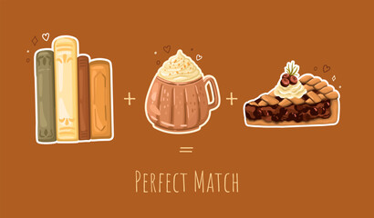 Fall Aesthetic Composition with Books, Pumpkin Spice Latte, and Blueberry Pie. Vector.