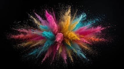 Explosion of bright colored particles halted over a black canvas