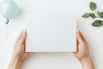 Obraz premium Hands holding a blank card next to a balloon and greenery on a white background. Perfect for invitations and announcements.