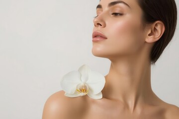 Elegant woman with perfect skin, showcasing natural beauty and a serene expression next to a white orchid.