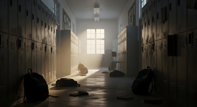 Deserted school hallway with sunlight streaming through a window, casting long shadows.