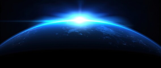 Abstract glowing blue light radiation around planet Earth on cosmic black background, sun rays breaking through atmosphere creating halo and horizon glow, hyper-realistic vector illustration with fine