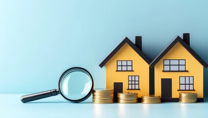 Conceptual image illustrating the relationship between real estate investment and financial growth with houses and coins under a magnifying glass on a blue background