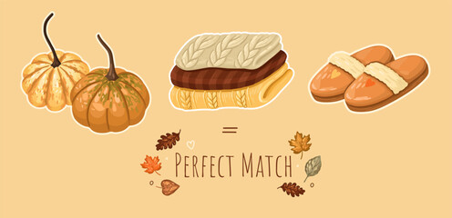 Fall Aesthetic Composition with Pumpkin, Sweaters, and Slippers. Vector.