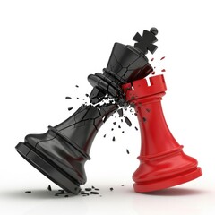 A black king shatters upon impact with a vibrant red rook chess piece