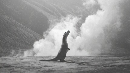 Fototapeta premium A grayscale dinosaur stands on a volcanic landscape, gazing upwards at a plume of smoke