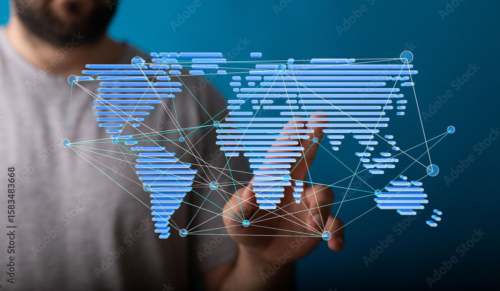 Poster man interacts with a digital world map, showcasing global connectivity and networking.