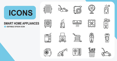 Smart Home Appliances – Black and White Flat Line Icon Set
