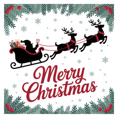 Christmas Sleigh Ride: A festive scene of Santa Claus in his sleigh, pulled by reindeer against a backdrop of winter foliage and falling snow, a heartwarming illustration of Christmas.