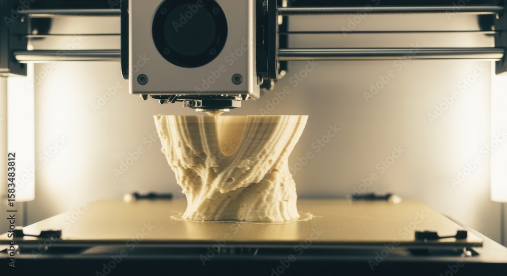 Poster detailed shot of layered material buildup inside an active 3d printer creating intricate parts.