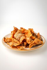 crispy salmon skin,fried salmon skin in ceramic plate on white background