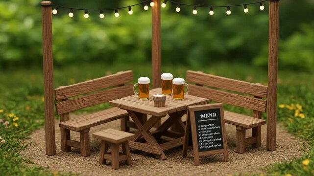 Mini Beer Garden Table Set Small Wooden Benches Steins Menu Signboard Chalk And Hanging String Lights Unlit