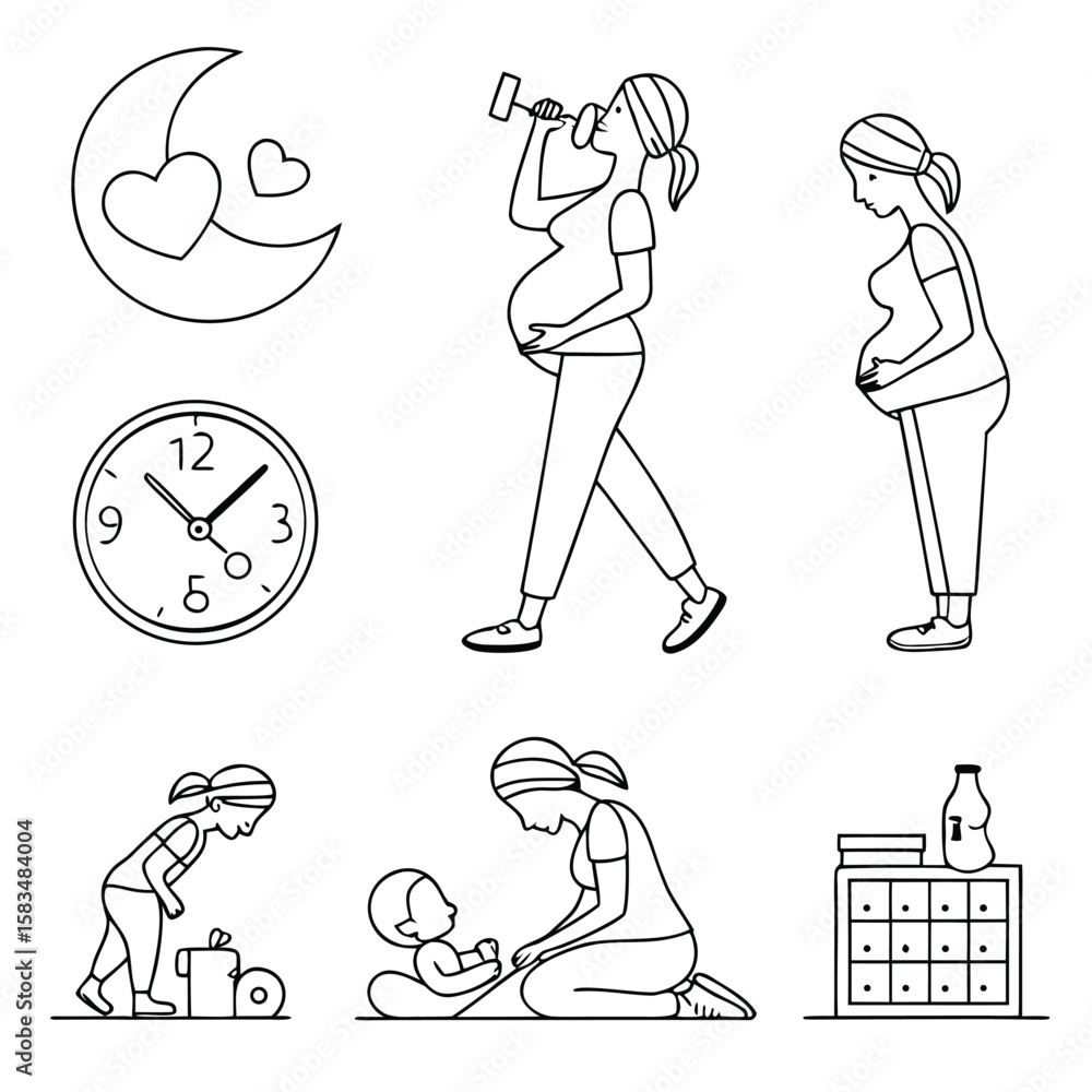 Poster clean minimalist line art icons depicting various concepts and objects in vector format
