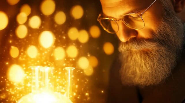 Wise scientist with golden bokeh background observing glowing elixir in a test tube, symbolizing discovery, research, and breakthrough.