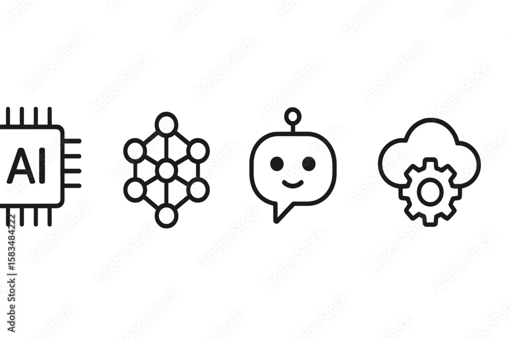 Poster illustrations of artificial intelligence concepts including machine learning, chatbots, and cloud co