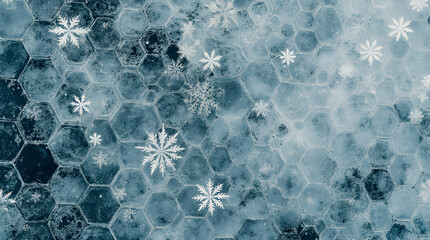 Abstract frozen hexagonal pattern background with delicate snowflakes. A cool blue and white texture representing winter's icy embrace and natural crystalline beauty.