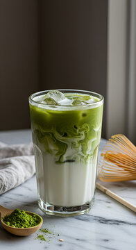Iced matcha latte with creamy oat milk swirl and bamboo accessories. Great for modern cafe branding, matcha content creators, and beverage trends.
