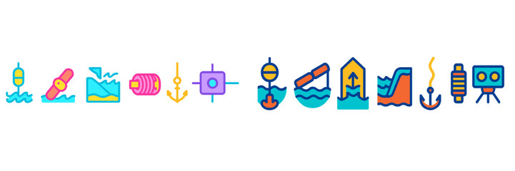 Colorful marine symbols represent various aspects of water activities and fishing in a vibrant design