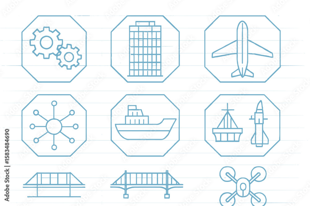 Poster various icons representing technology and transport in a minimalist design on a light background