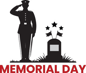 Memorial day illustration depicting a saluting soldier tombstone and stars in silhouette.
