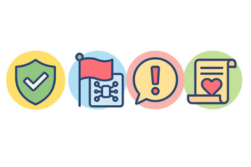 Digital icons representing safety, attention, communication, and documentation in a modern design