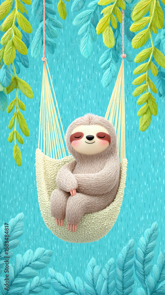 Poster camping, a sloth cartoon hanging in a hammock between trees in a 3d rendering.