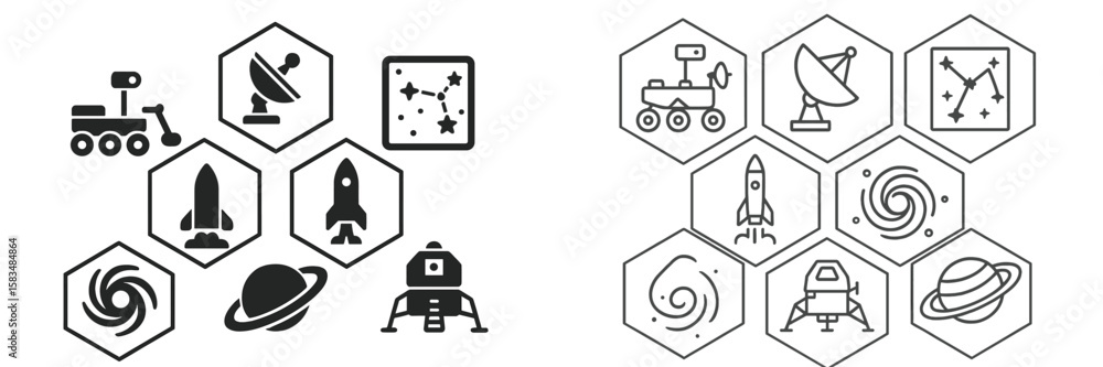 Poster exploration of space symbols and icons representing various space missions and celestial phenomena