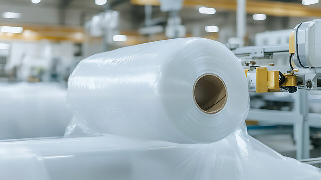 Industrial plastic wrap roll on factory machinery, ready for packaging. Production efficiency concept. Streamlined packaging for shipment.