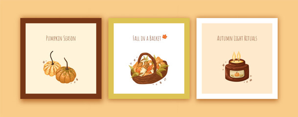 Autumn Cozy Postcards set. Cards with Mushroom Basket, Candle, and Pumpkins. Vector.