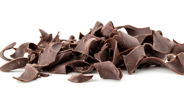 Delicious dark chocolate curls and shavings for baking and dessert decoration, close up shot
