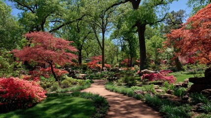A sun-drenched garden path winds through vibrant blooms and lush greenery.