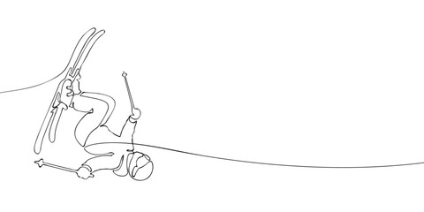 Continuous line art of a freestyle skier executing an upside-down aerial flip on skis, showcasing winter sports acrobatics.