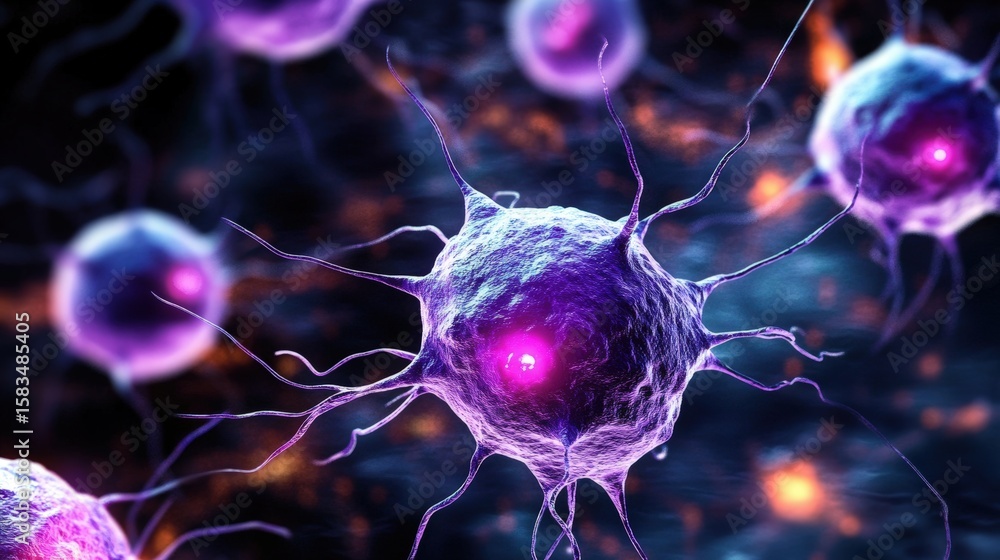 Poster close-up view of colorful neurons with intricate structures floating in a vibrant abstract backgroun