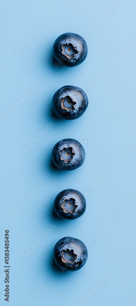 Poster five blueberries in a row against a powder blue background. the close-up view focuses on the texture