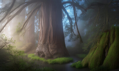 Sunlight pierces through the ancient, misty forest, illuminating a colossal tree and its tranquil surroundings.