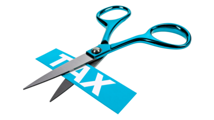 Scissors cutting tax sign isolated on transparent or white background, png