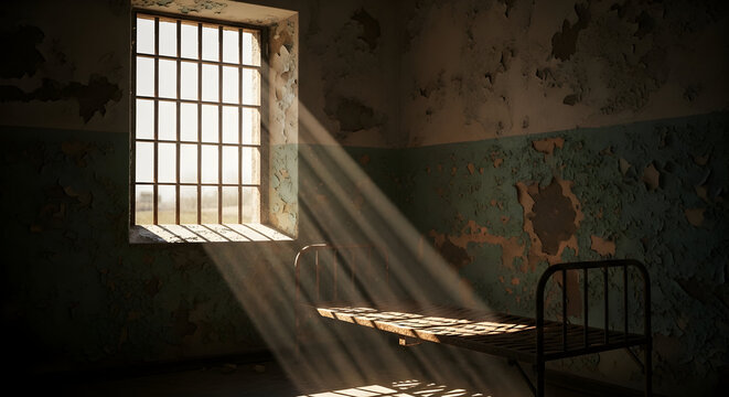 Sunlight pierces through the barred window of a desolate, decaying prison cell