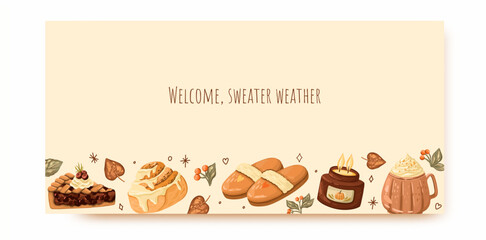 Autumn Cozy Greeting Card with fall comfy items. Vector.