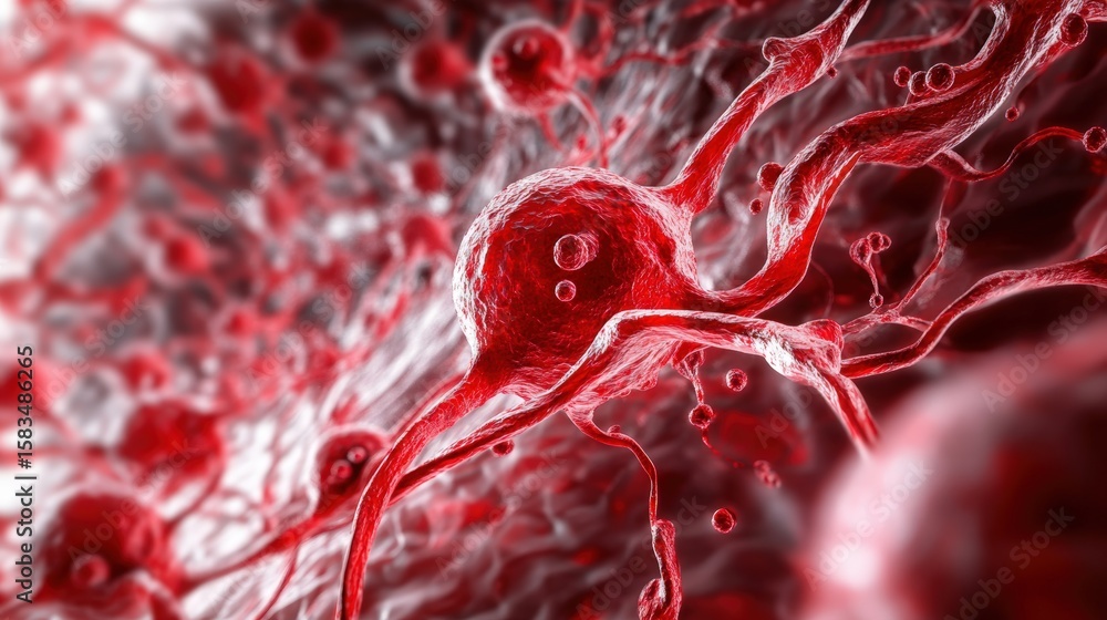 Poster abstract representation of red blood cells and neurons in a microenvironment showcasing intricate de