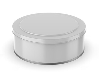 3D rendered mockup of a round food tin container with blank surface for branding and packaging design. Isolated template suitable for product presentation, food storage, label design, and advertising.