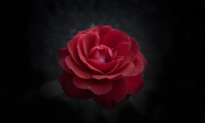 Vibrant red rose adorned with glistening water droplets against a dramatic dark backdrop