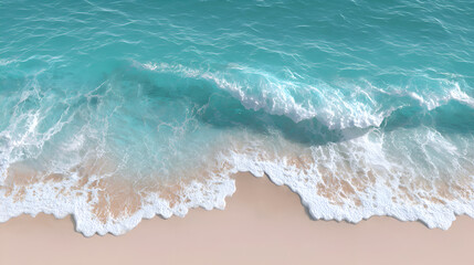Fototapeta premium Top-down view of turquoise waves crashing gently on a soft beige sandy beach — clean, tropical, and relaxing ocean background ideal for design, travel, or spa-related content.