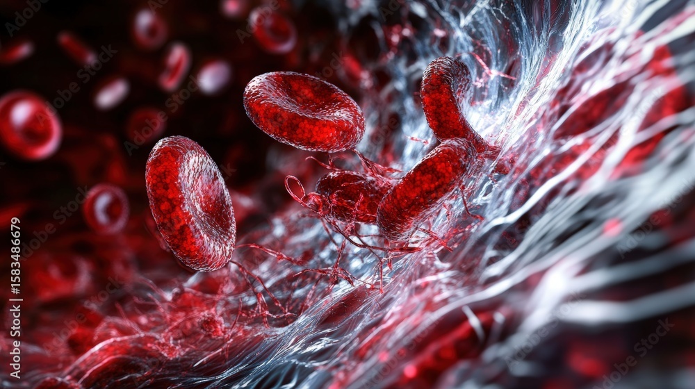 Poster abstract visualization of red blood cells flowing through human veins showcasing cellular activity a