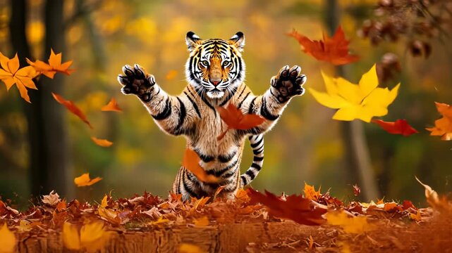 Playful tiger leaping through falling autumn leaves in forest scene