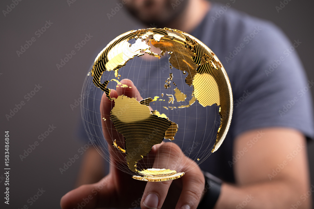 Aufkleber man interacts with a golden digital globe, symbolizing worldwide networking and connections.