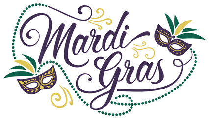 Naklejka premium Festive Mardi Gras design featuring vibrant colors and playful masquerade masks.