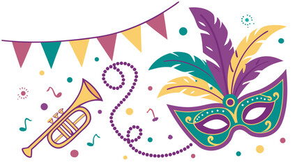 Obraz premium A vibrant illustration featuring a colorful mask, trumpet, and festive decorations, perfect for a carnival celebration.