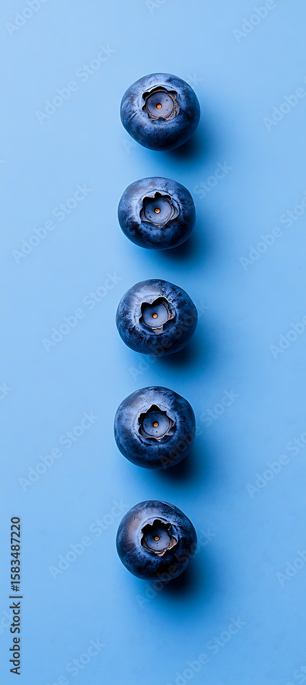 Poster a vibrant, vertically oriented array of blueberries resting against a solid light blue background. h