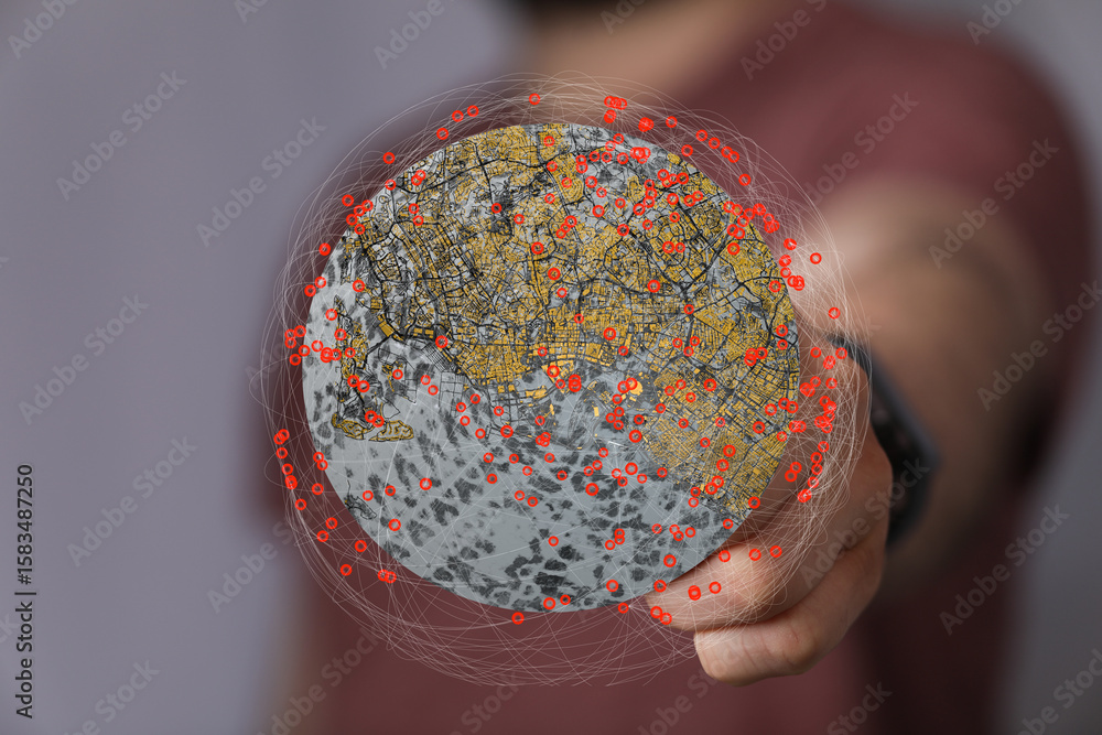 Poster person holding a digital globe showing interconnected data points, network visualization, global con