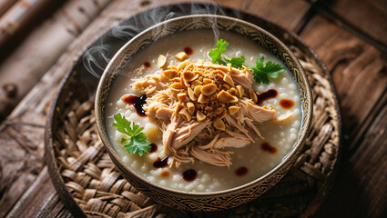 warm top view of bubur ayam in traditional bowl, with shredded chicken, cakwe, peanuts, soy sauce, and celery garnish, Indonesian breakfast food, cozy soft lighting 